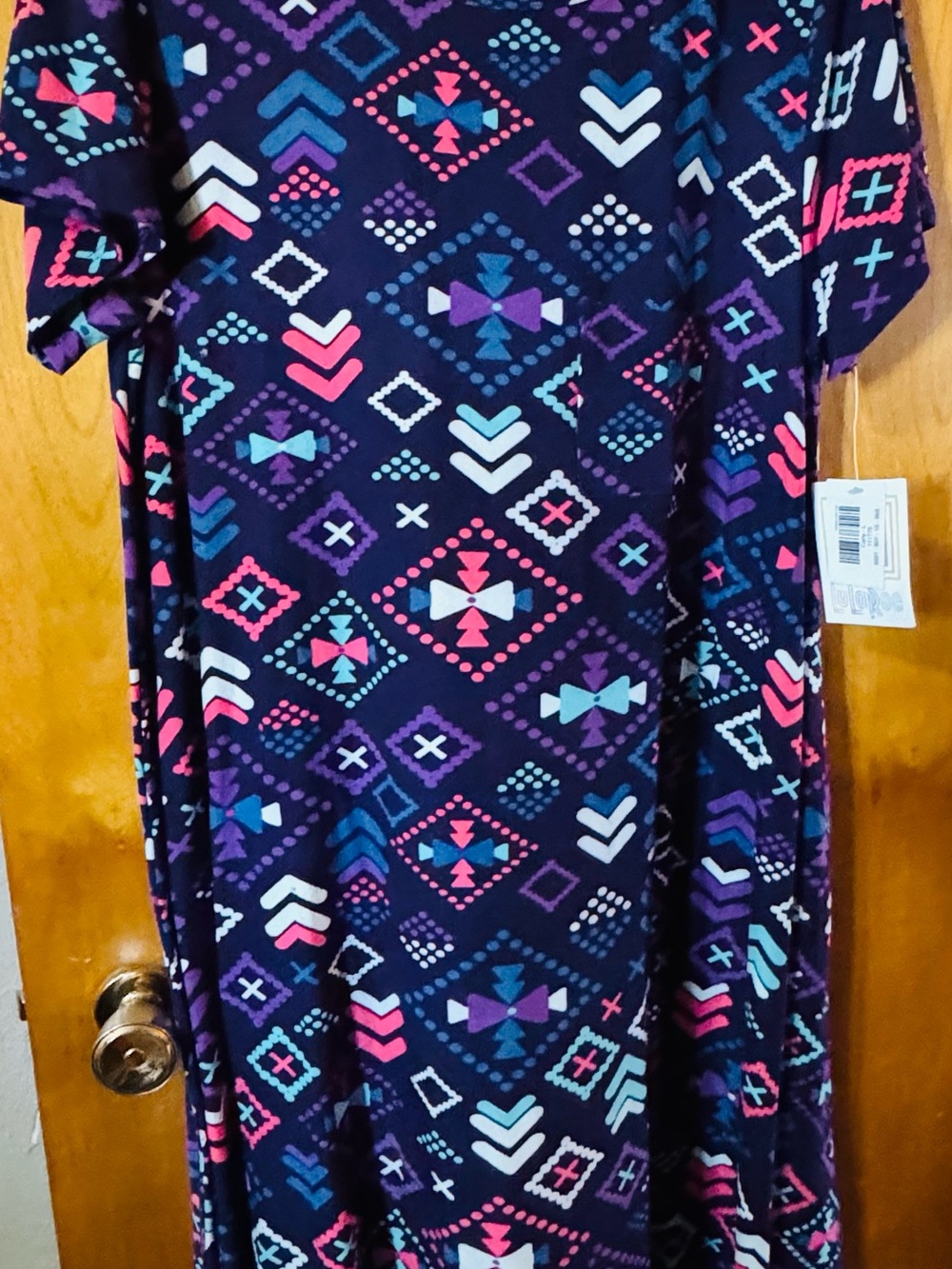 LuLaRoe Navy Dress with Pink, Purple & Teal Geometric Print